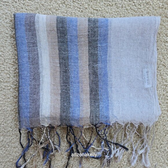 Accessories - Linen Scarf Blue Grey Tan--Made in Paris